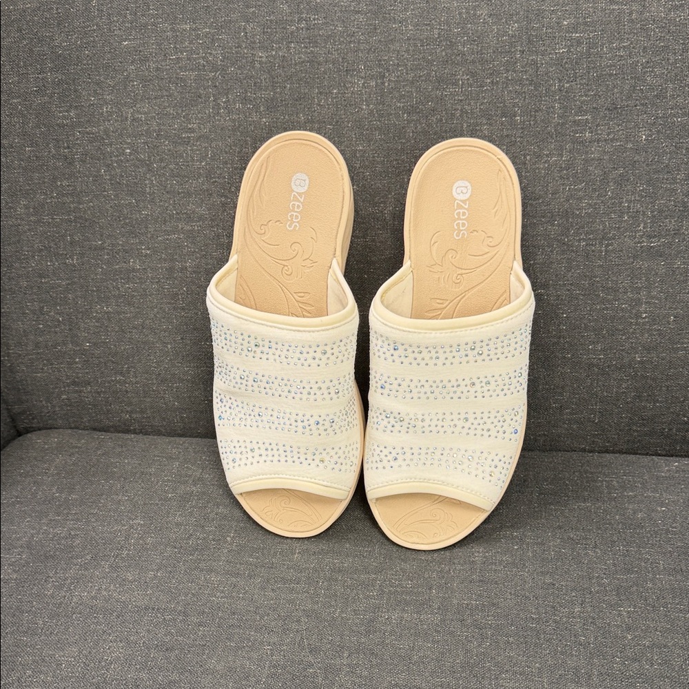 Bzees Cream Women's Mules with Rhinestone Accents